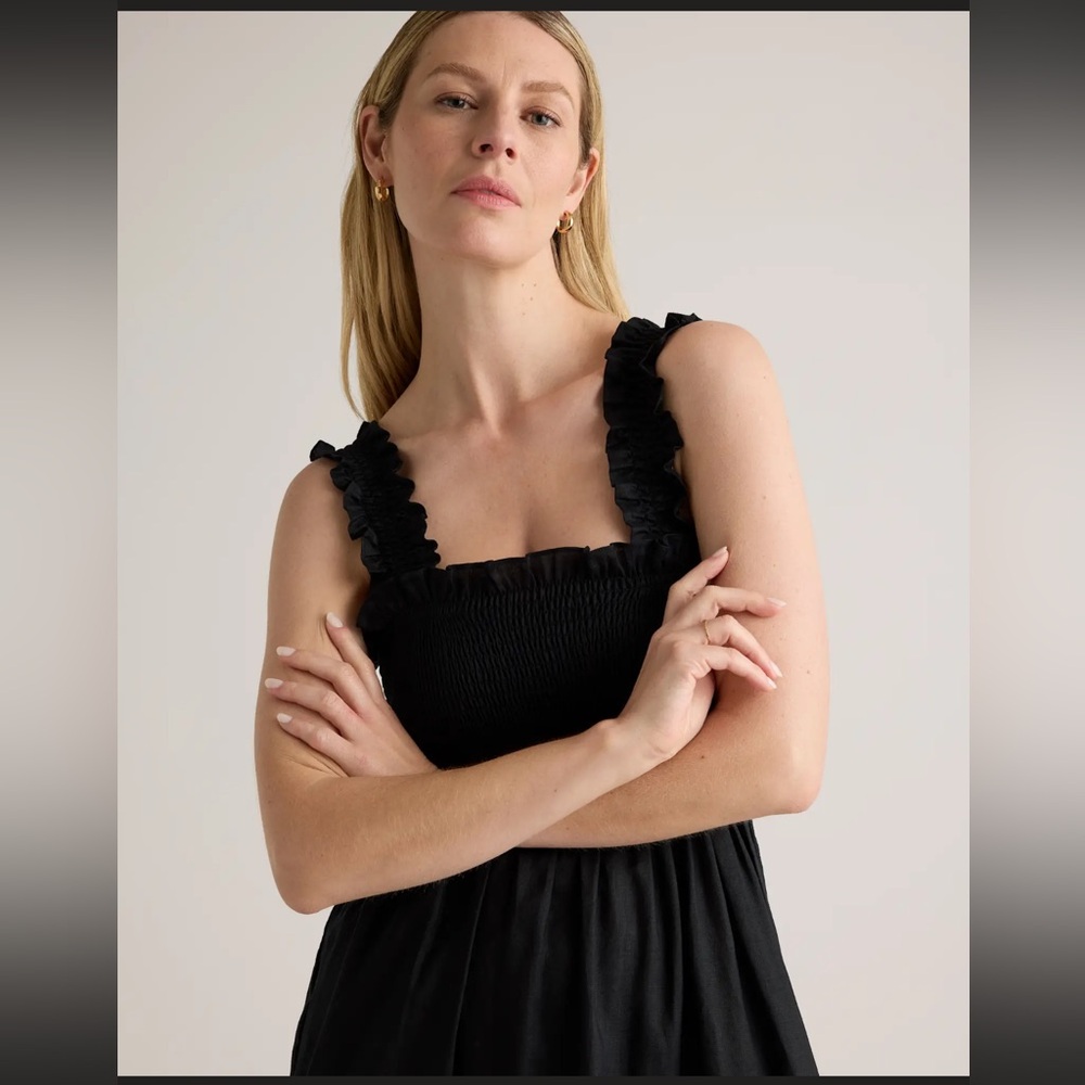 Quince Linen Smocked Midi Dress Black S